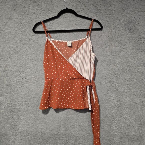Paper Crane Tops - Paper Crane Tank Top M Brown White Polka Dot Milkmaid Dainty Coquette Side Tie